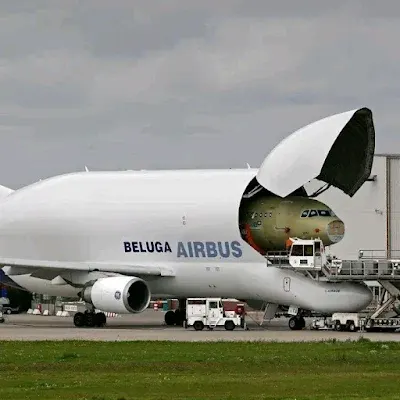 Image of air Beluga carrying airplane parts
